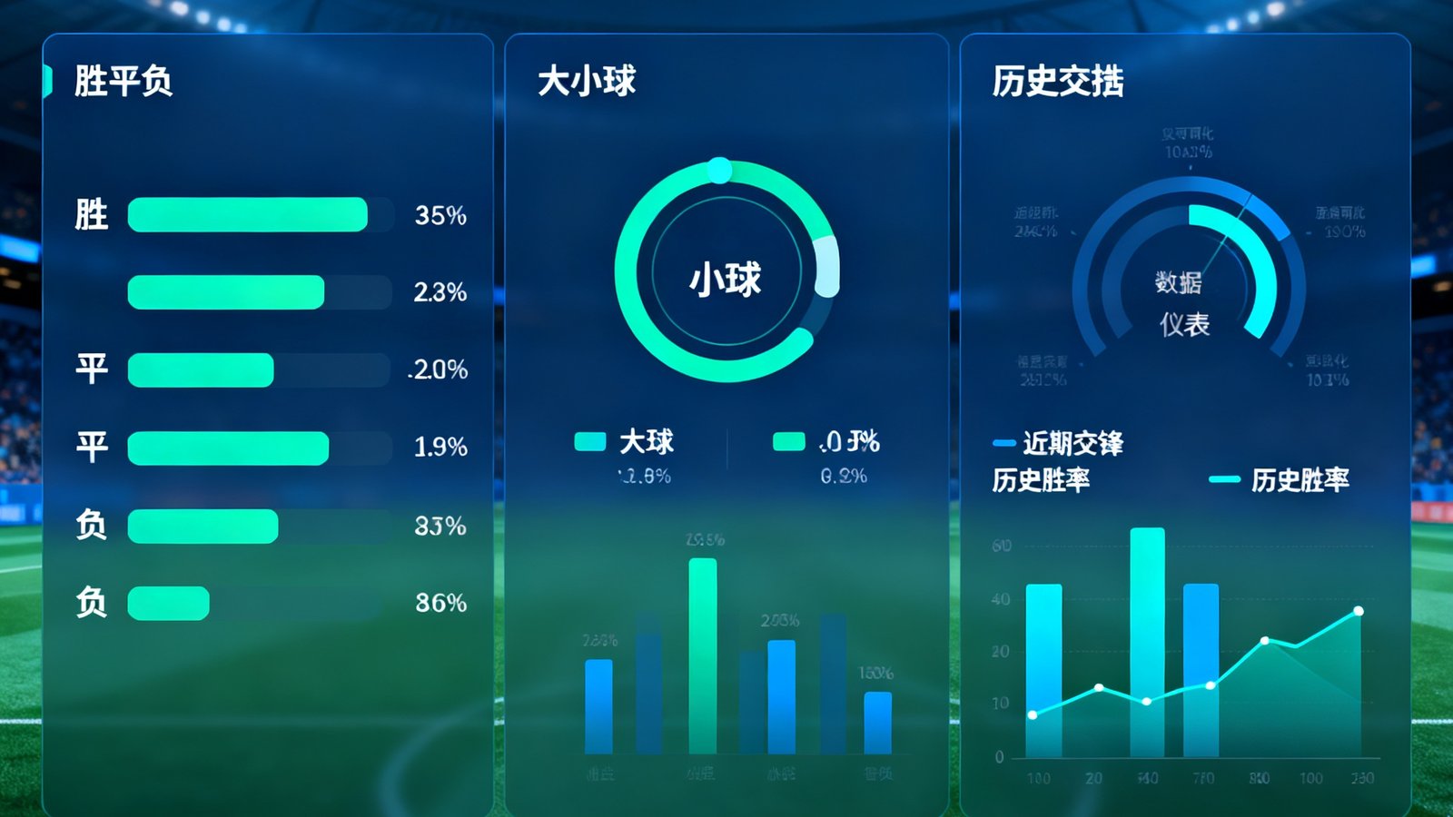 人人看球AI预测界面，展示胜平负概率条，大小球和历史交锋数据可视化仪表盘